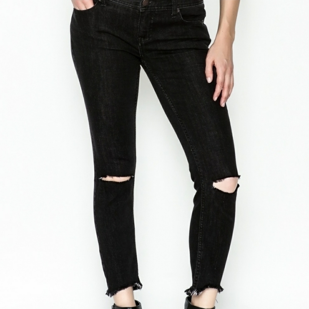 Free People Black Raw Hem Knee Cut Skinny Jeans